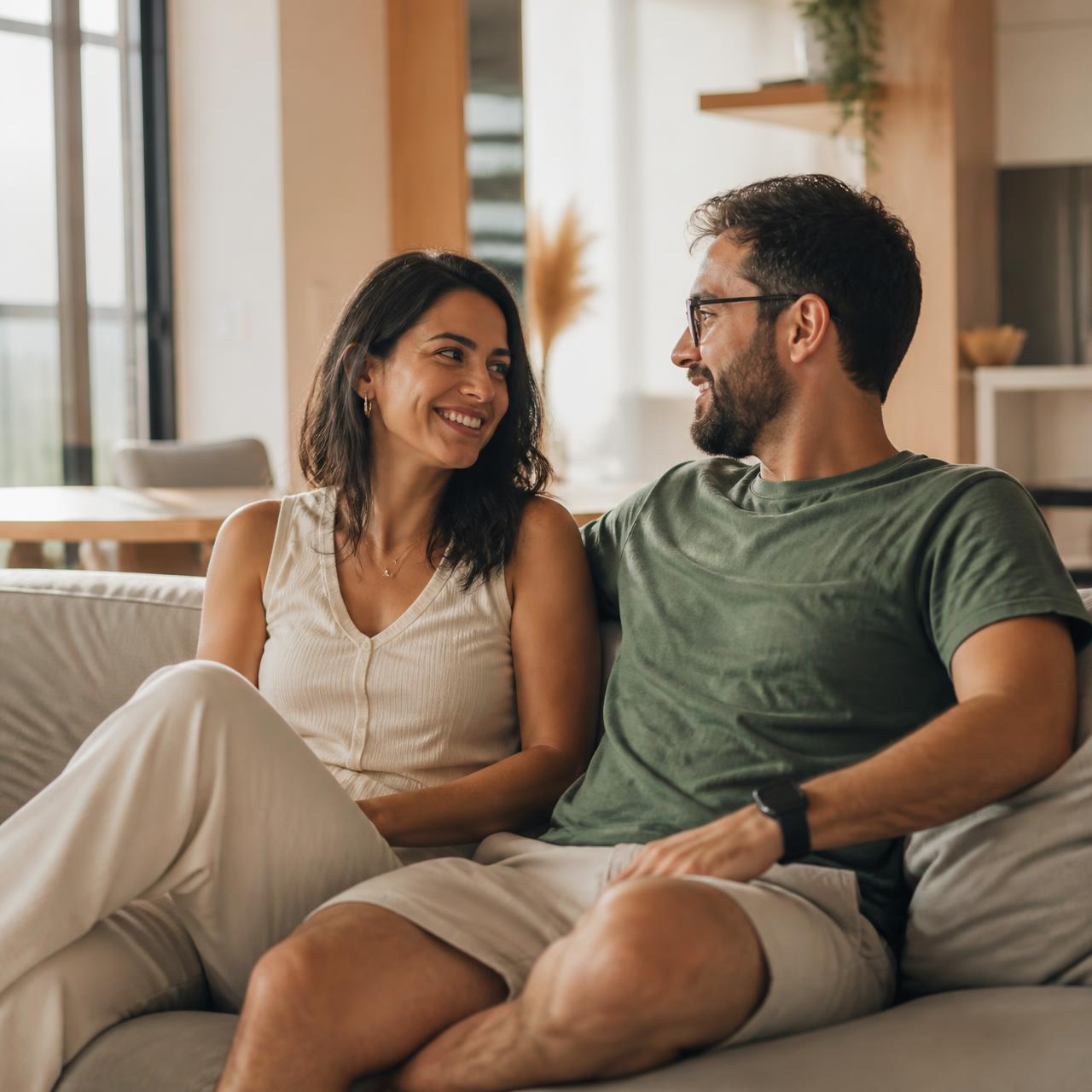 Casal em um ambiente moderno, com sensação de conquista